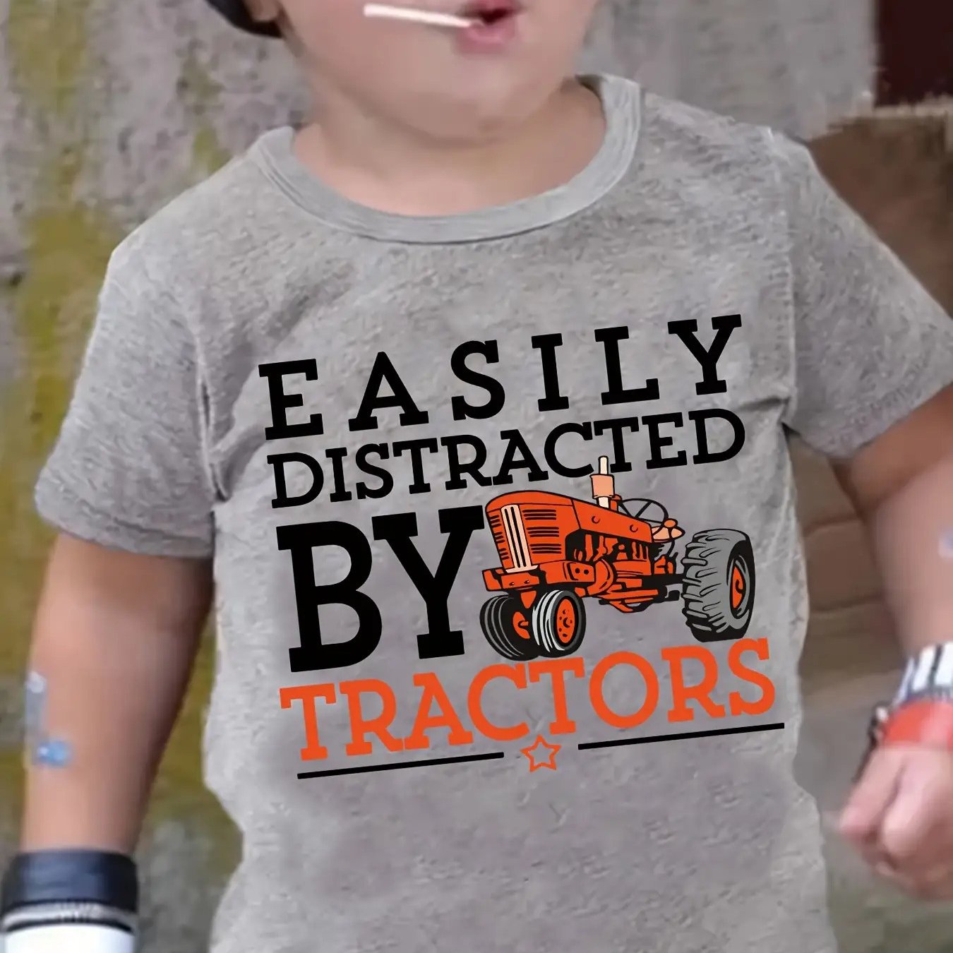 Boys' Summer T-shirt Featuring A Round Neck And Short Sleeves, Printed With A Tractor Pattern And ' By Tractor'. Made From, An For Summer