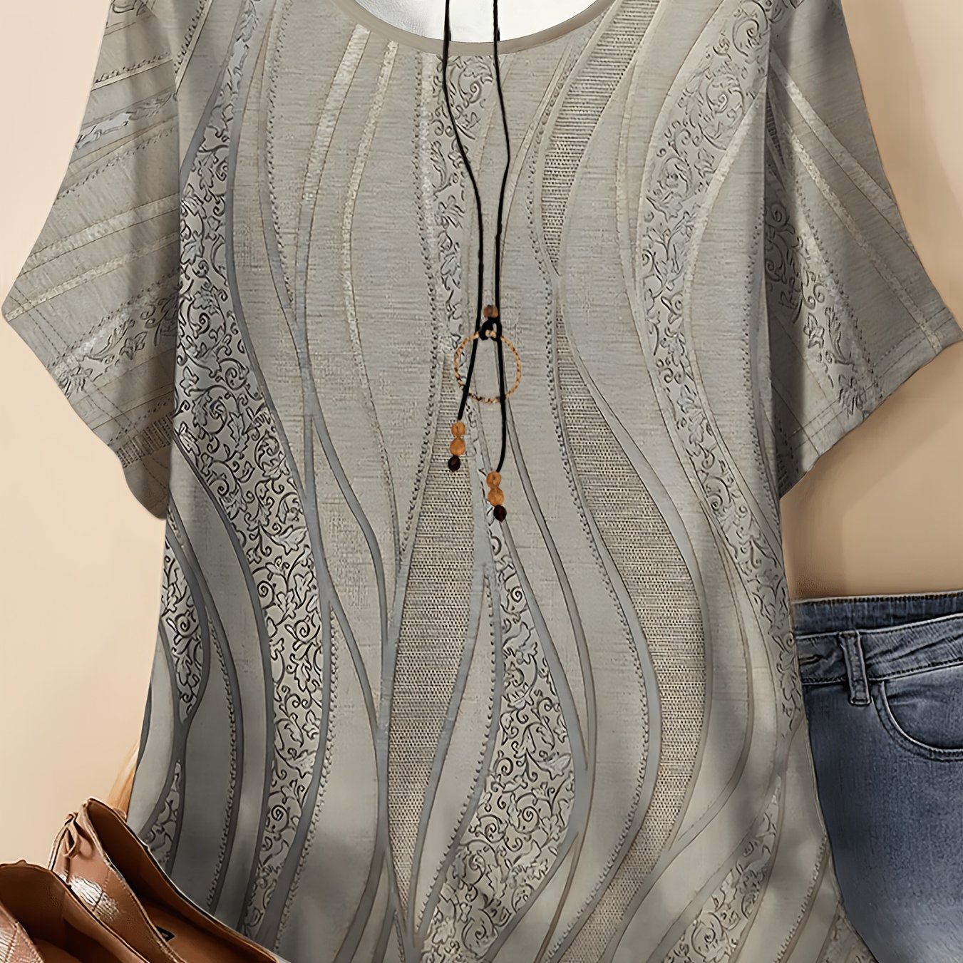 TEMU Gray Wavy Pattern Short Sleeve Casual Top, Women's Summer Round Neck T-shirt, Fashion