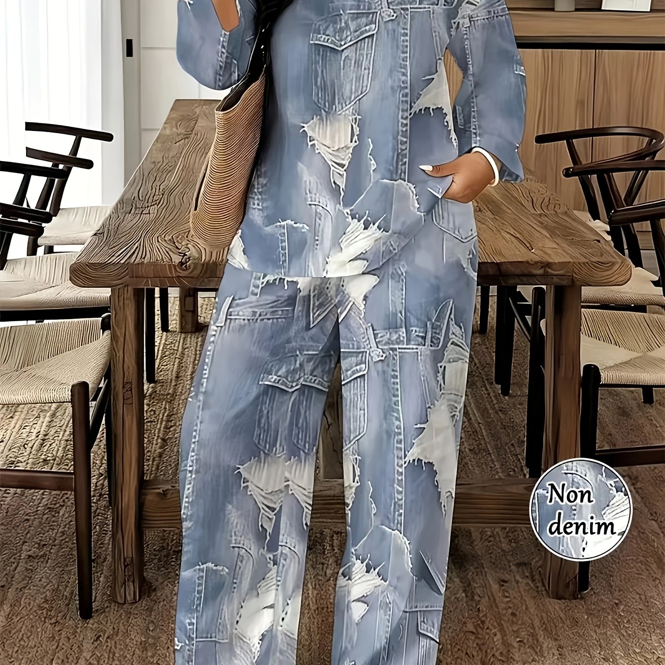 TEMU Ensemble deux pièces décontracté à imprimé texture denim rétro, haut à manches et col en V + pantalon droit ample