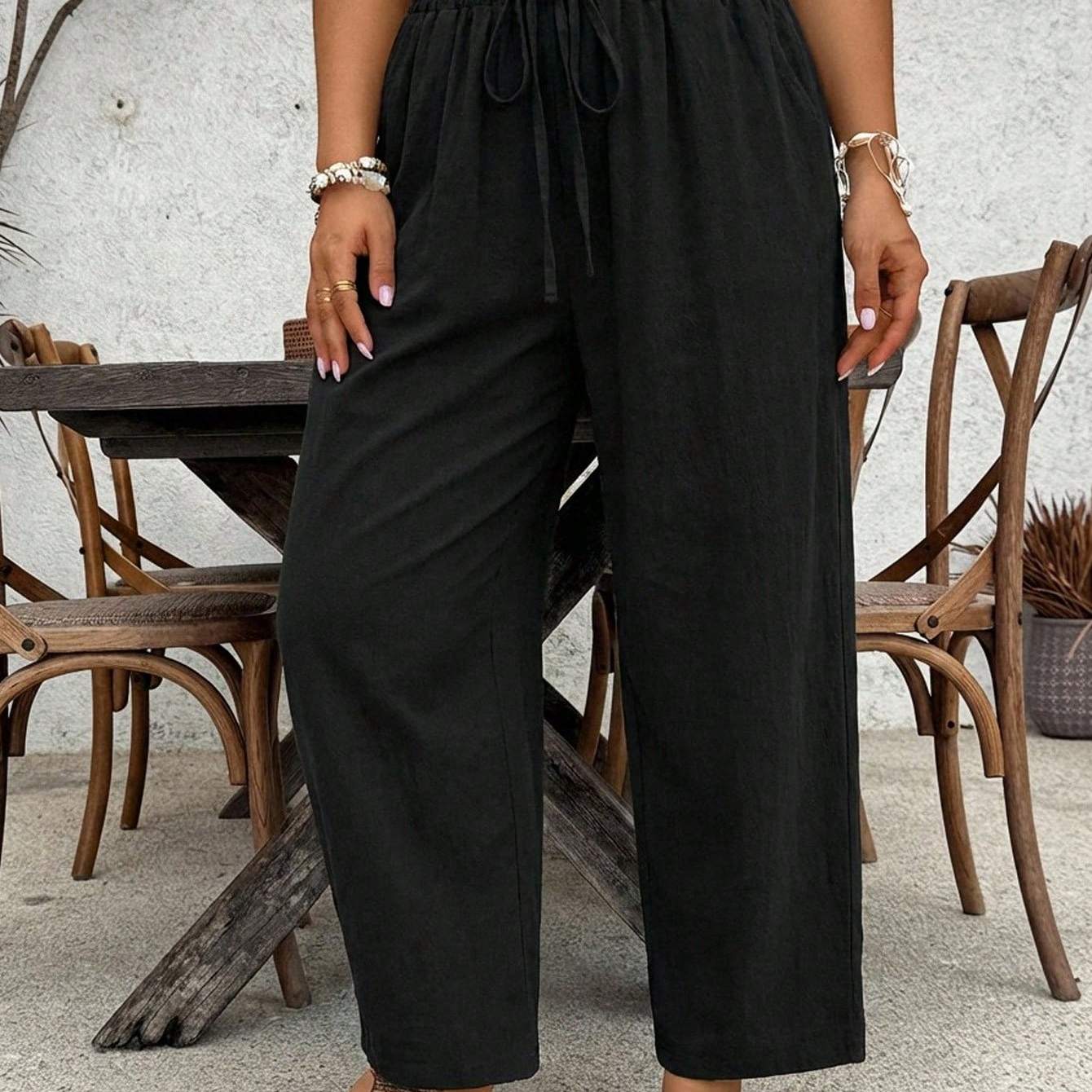 TEMU 2026 New Women's Drawstring Elastic Waist Wide-leg Casual Pants, , Draped And, Leg-length Enhancing, Figure-flattering, Versatile Trousers For