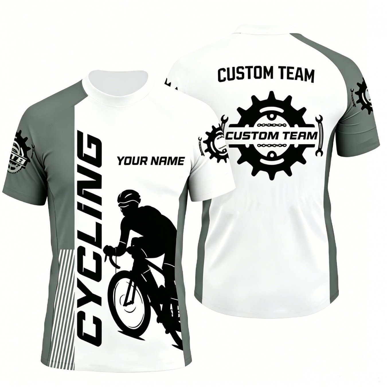 TEMU [print Design â Not Textured] Customizable Men's Cycling Short Sleeve, Gray White Contrast Riding Silhouette Print Design, Personalized Name An