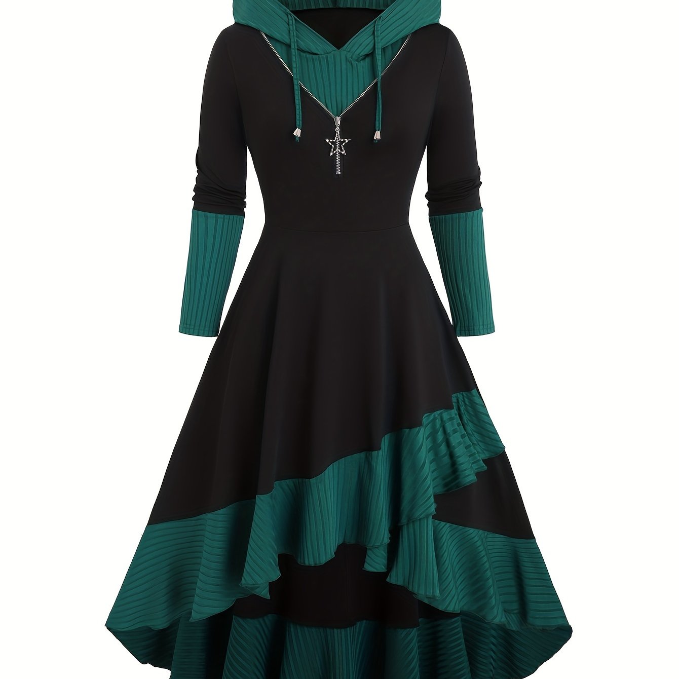 Image of Women's Vintage Hooded Dress - Colorblock Midi Length With -line & Asymmetrical Hem, Long Sleeve Fitted Dress Suitable For Spring/fall, Machine Washable Retro Outfit