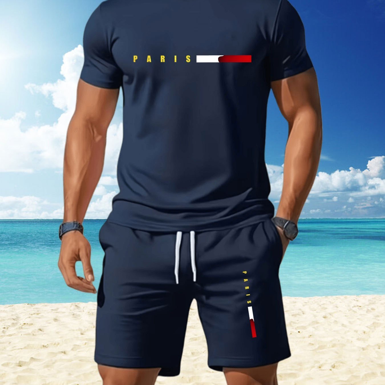TEMU Men's Casual Sports Set: Red And -block Letter Print Short-sleeve T-shirt And Elastic Waist Shorts Two-piece Set, Suitable For Business And