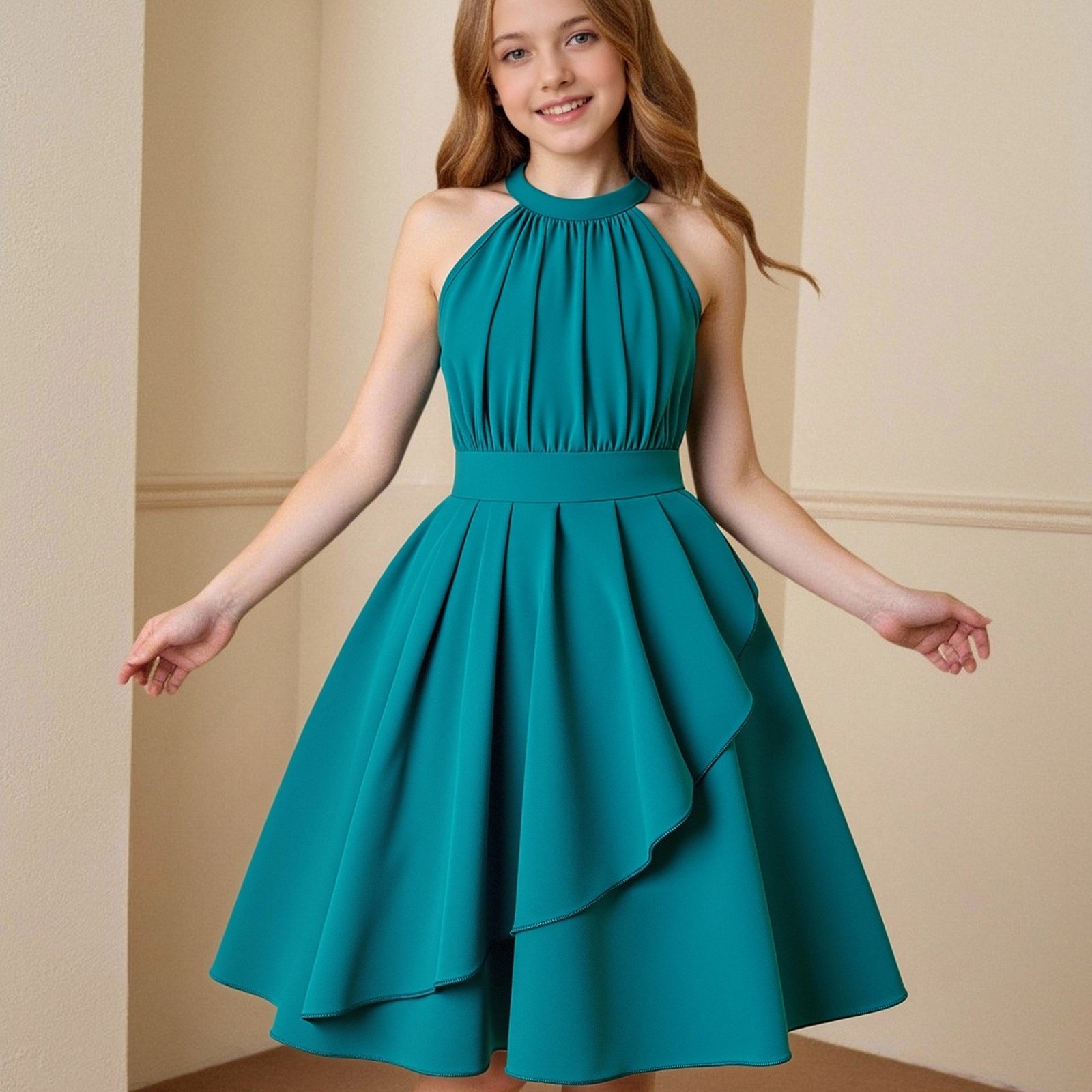 Image of Girls' Elegant Backless Halter Neck Midi Dress, Dress For Spring/summer