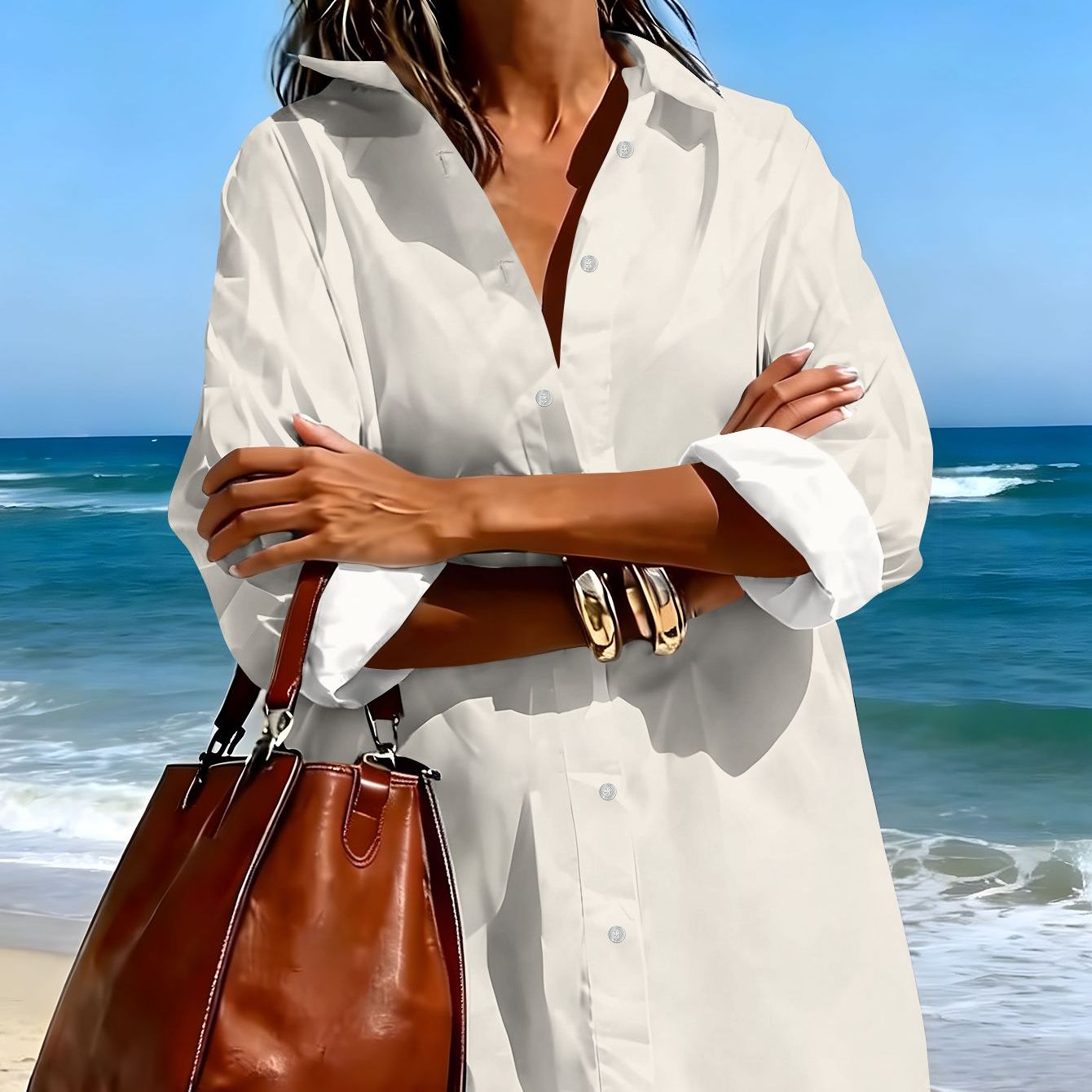 TEMU Summer Casual Women's Long Sleeve Shirt Dress, Easy Solid Color Pattern Print, Comfortable And Versatile