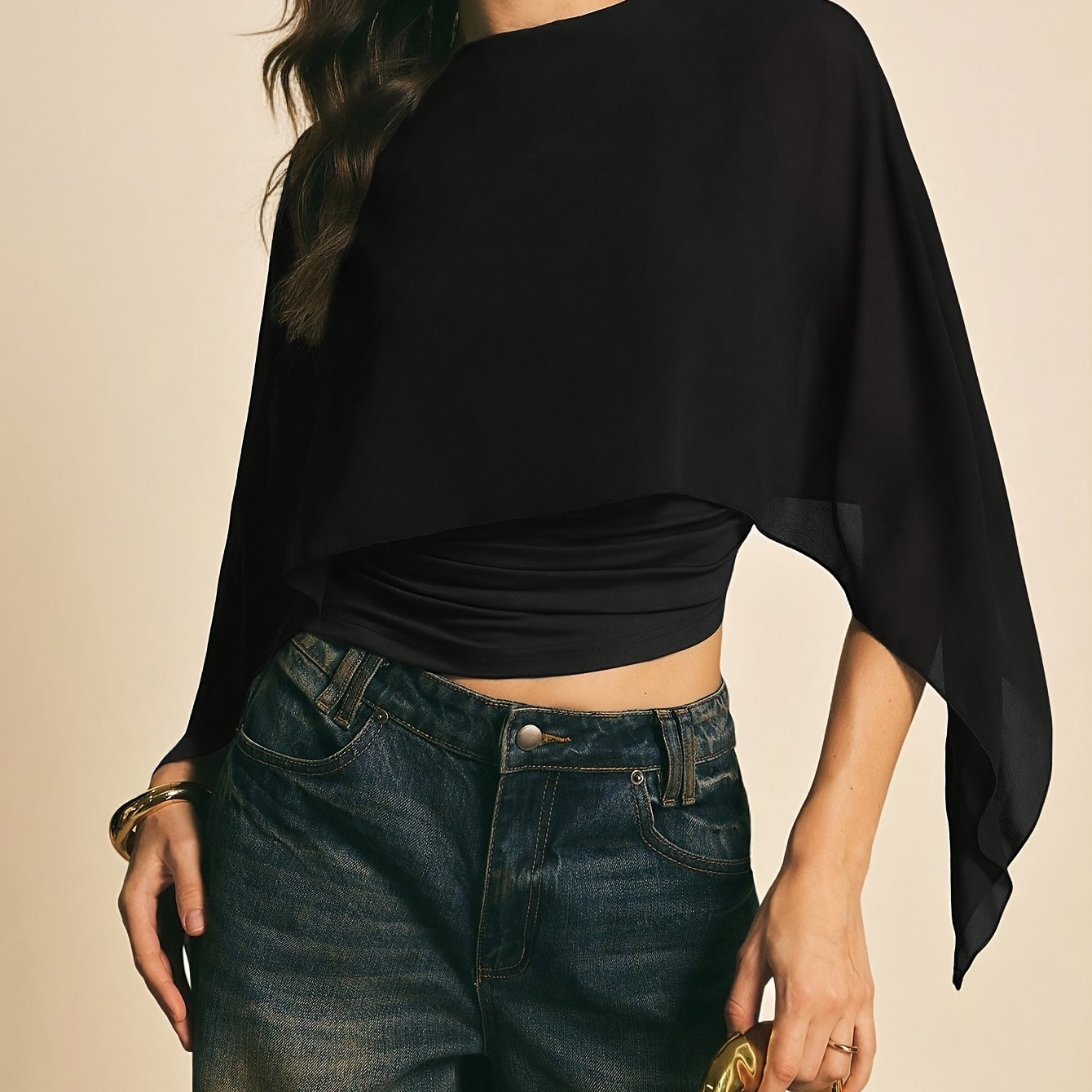 TEMU Women's Elegant Solid Color Shawl Collar Fashionable Black Mesh Cloak Top Spring And Summer Casual Round-neck T-shirt