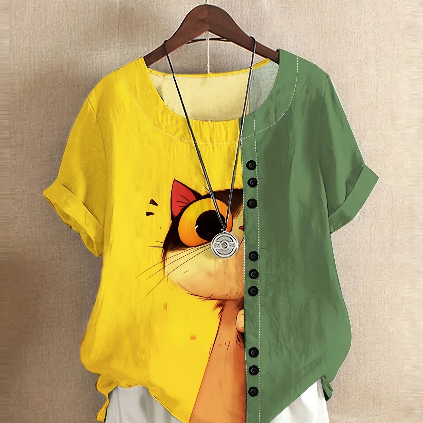 TEMU かわいい猫プリント 丸首 半袖 カジュツ