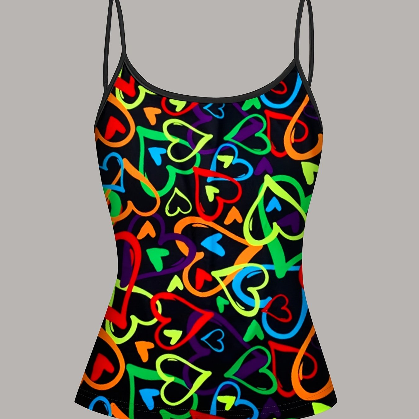 E-shop Damens Elegantes Spaghettiträger-Tanktop mit lebendigem Herzdruck in mehrfarbig – Sommerlich & formell, maschinenwaschbar, spielerisches