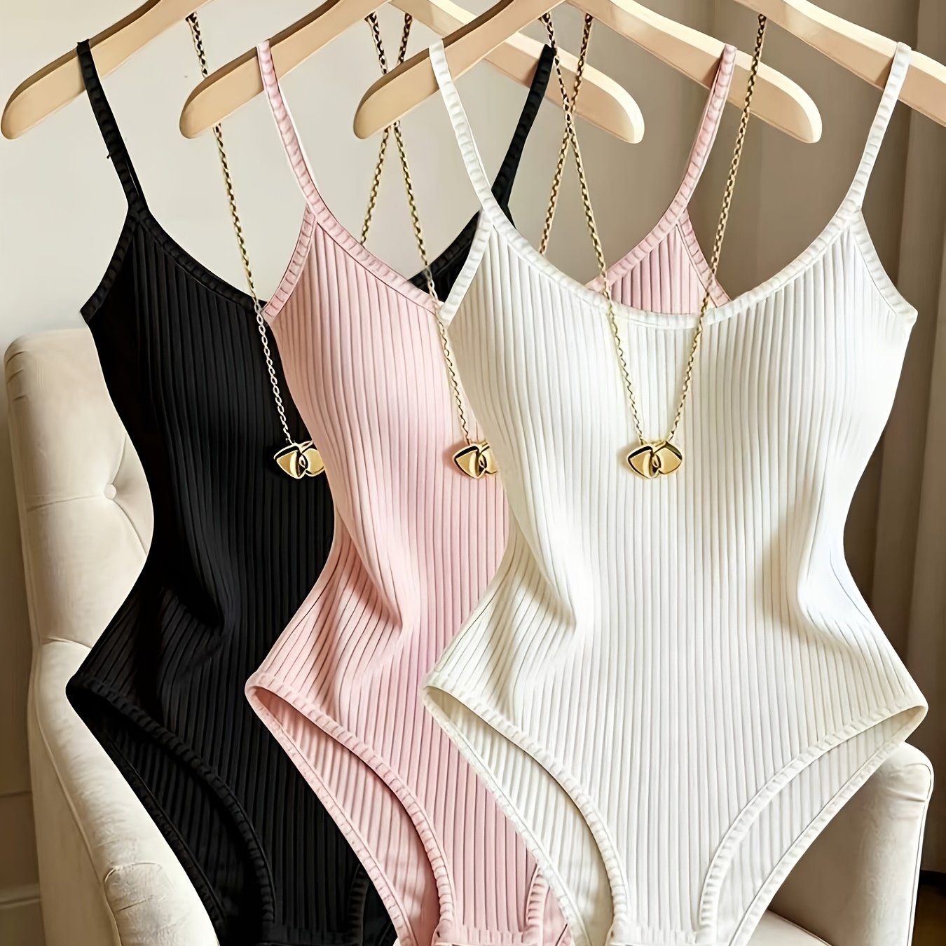 TEMU Ensemble 3 pièces Style Pure Desire, combinaison à fines bretelles, body moulant élastique, débardeur, vêtement toutes pour les quotidiens