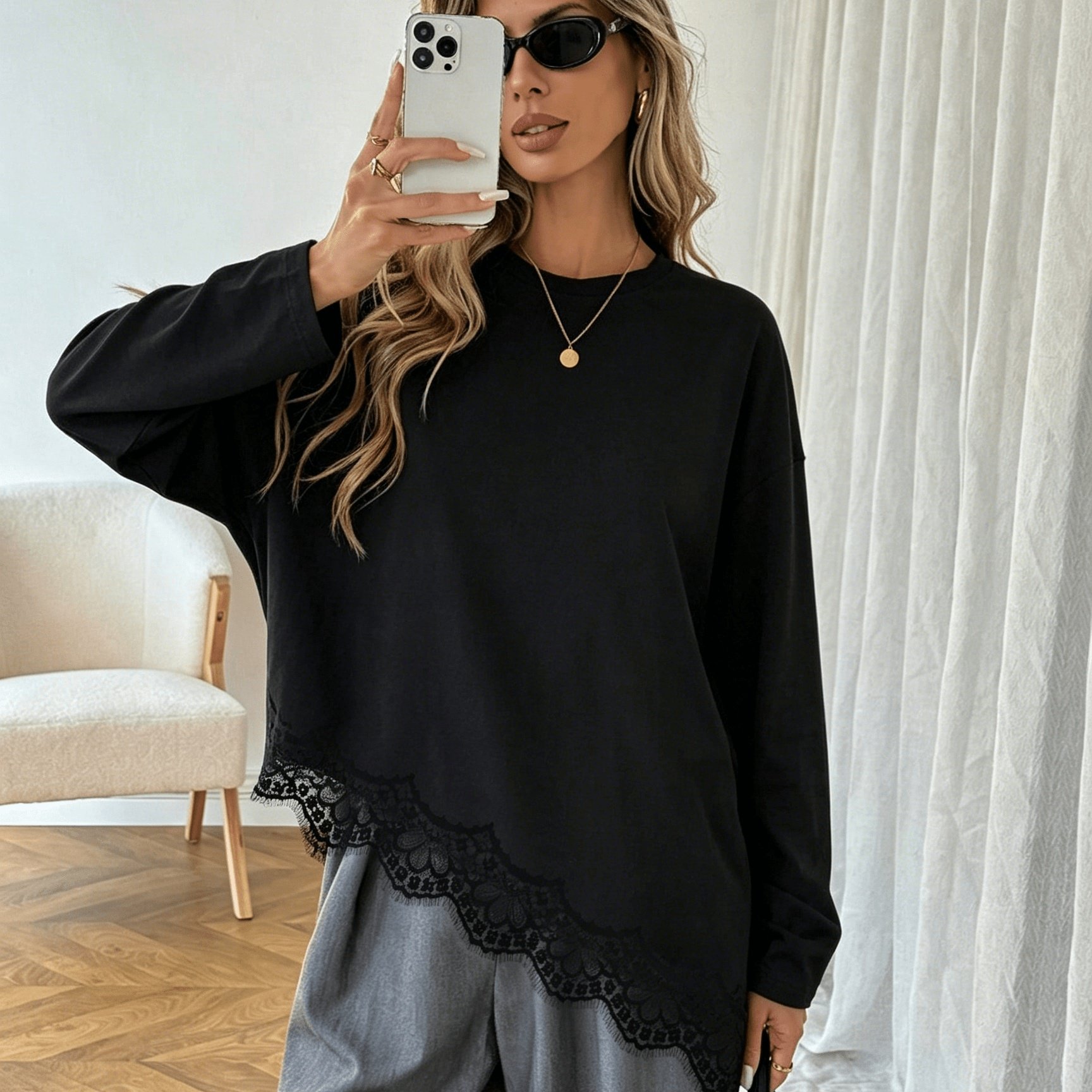 TEMU T-shirt élégant pour femme avec bordure en dentelle et ourlet irrégulier - Haut extensible à manches longues et col rond, couleur unie adaptée à