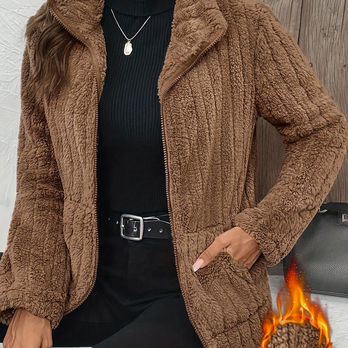 TEMU Elegant Women's Winter Coat Double-sided Plush Warm Full Zip Jacket Long Sleeves Suitable For Casual And Formal Wear Warm Coat Cold Weather