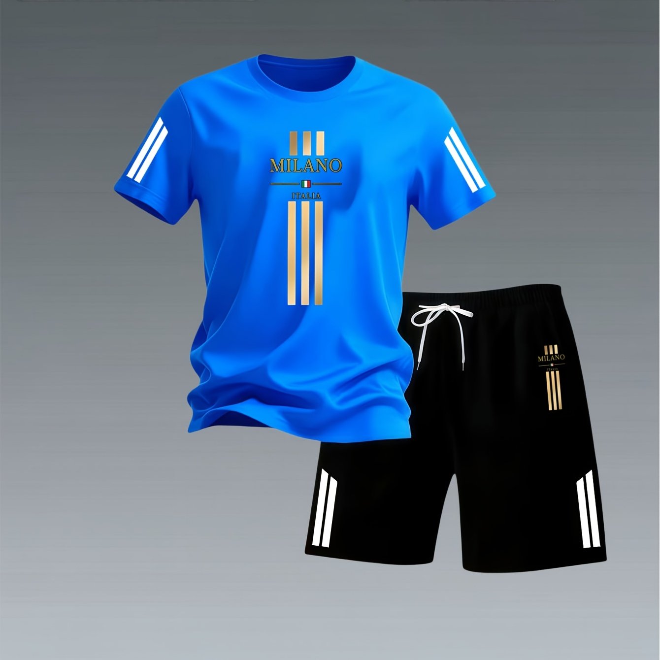 TEMU Men's Golden Italian Stripe Print Breathable Set, Quick-dry Short Sleeve   Shorts 2pcs Set, Cool And Non-stuffy Summer Casual Sportswear,