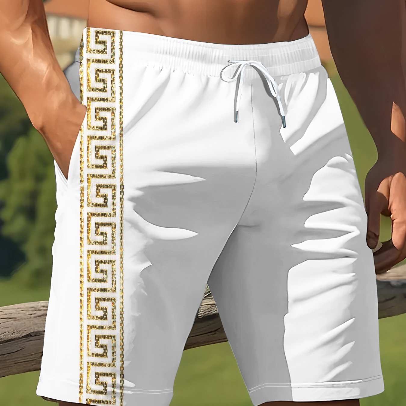 TEMU Men's Casual Print Quick-dry Shorts Base And Golden Meander Chain Print On The Sides, Featuring Luxury Vintage Style. Suitable For Seaside ,