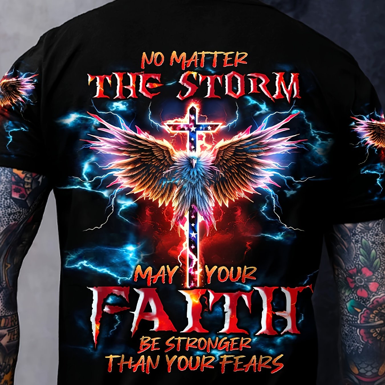 TEMU Men's Novelty Letter Eagle Cross Print Short Sleeve T-shirt, Plus Size