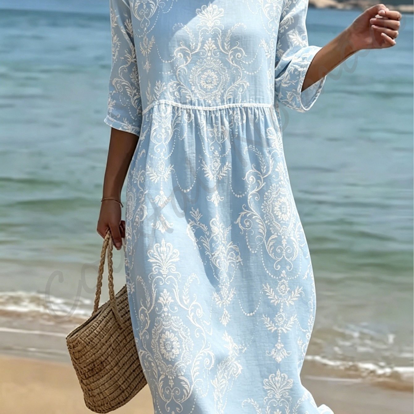 Image of Plus Size - Summer New Plus Size Women Round Neck 3/4 Sleeve Dress Light Base White European Scroll Floral Print Special Fabric Loose Gathered Waist Casual Midi Dress Beach Vacation Daily Wear