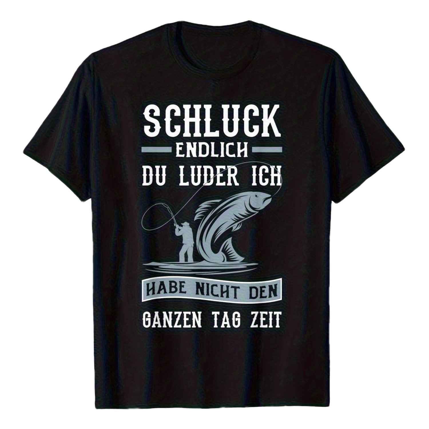 Image of Men's Funny Fishing Shirt - German " Du " Funny Saying Black Tee With Jumping Fish Graphic Lightweight Breathable Fabric For Summer Outdoors - Machine Washable Casual Top For Outdoor, Plus Size