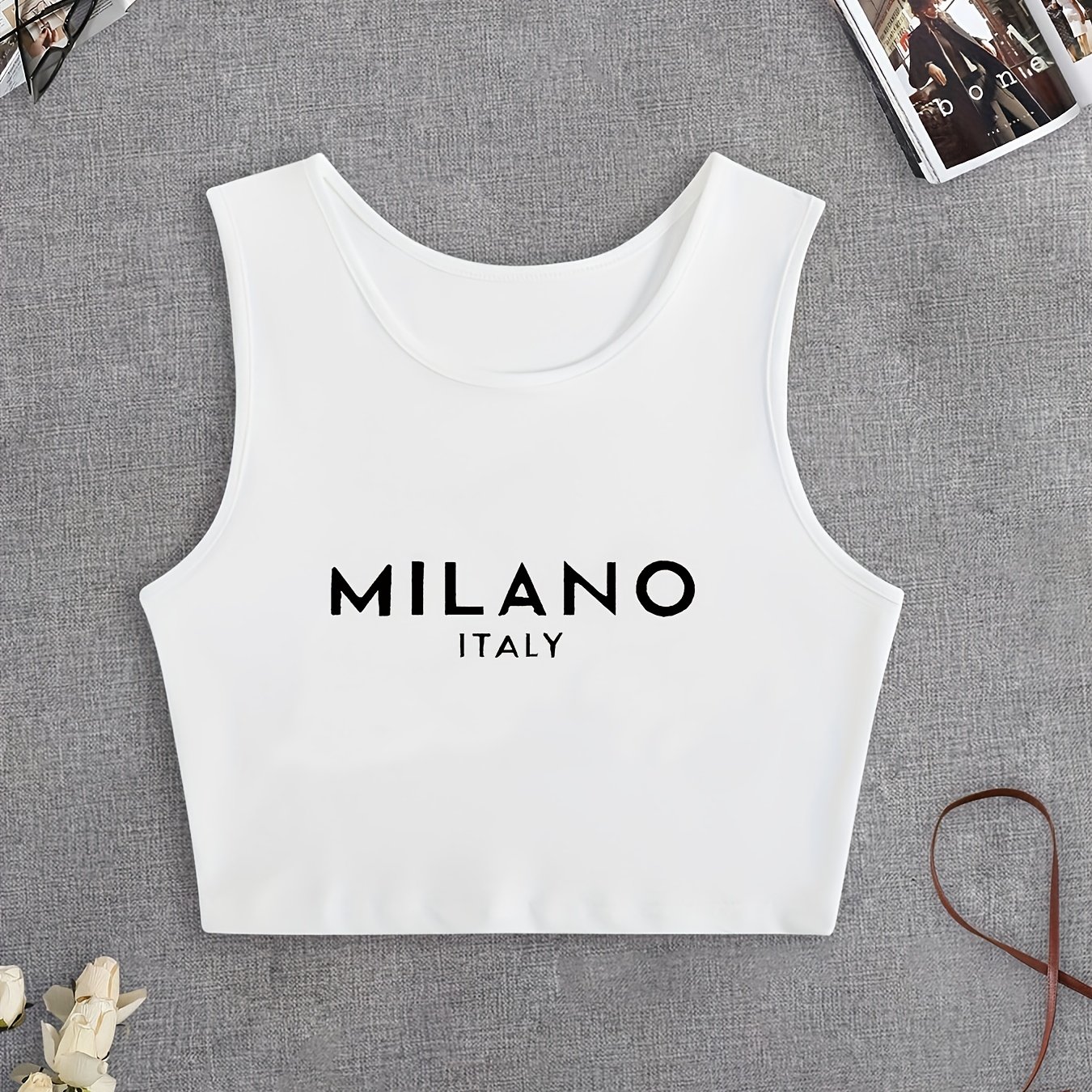 Kuva tulossa: TEMU Damen Italien Letter Print ärmelloses Tanktop, lässige Rundhalsausschnitt Strickweste, % Polyester, leichter Stretch, alle Jahreszeiten, 180 g/m² - Sommer & Frühling Mode