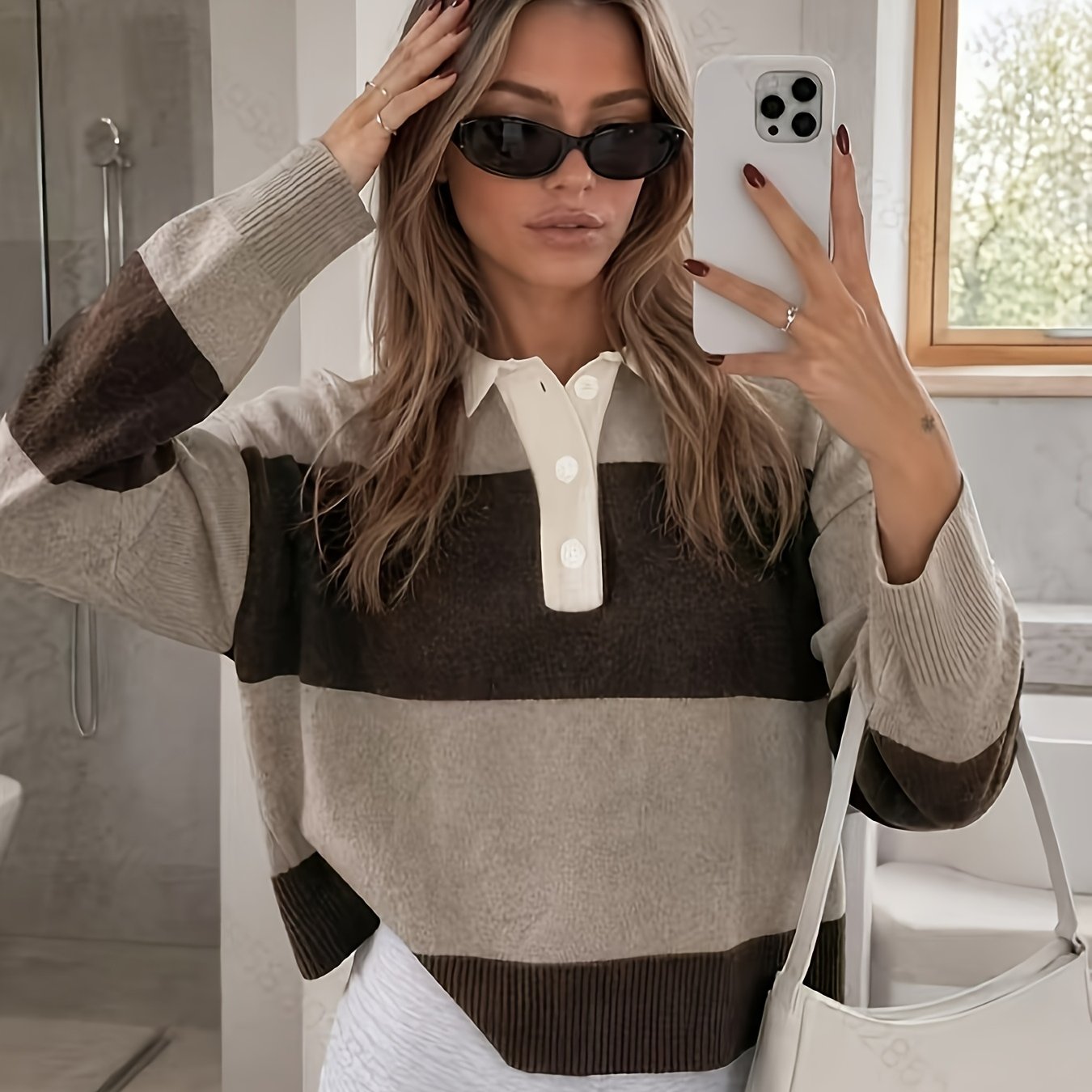 TEMU Women's Vintage Oversized -fit Half-button Shirt - Color-block Striped Drop Shoulder Long Sleeve Top, Medium Stretch Button-front Collar Style