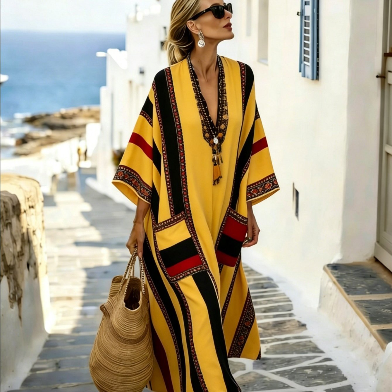 Image of Plus Size, Plus Size Ladies Kaftan Robe Dress, Bohemian Loose Maxi Dress, V-neck Bat Sleeve , Ladies Casual Dress, Perfect For Spring And Summer, Perfect Gift For Her