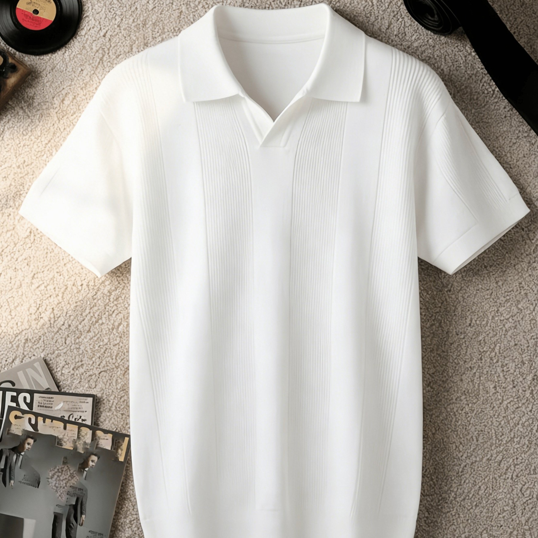 TEMU Men's Breathable Textured Slimming Solid Color Buttonless V-neck Knit Shirt, Old Money Luxury Pullover Sweater