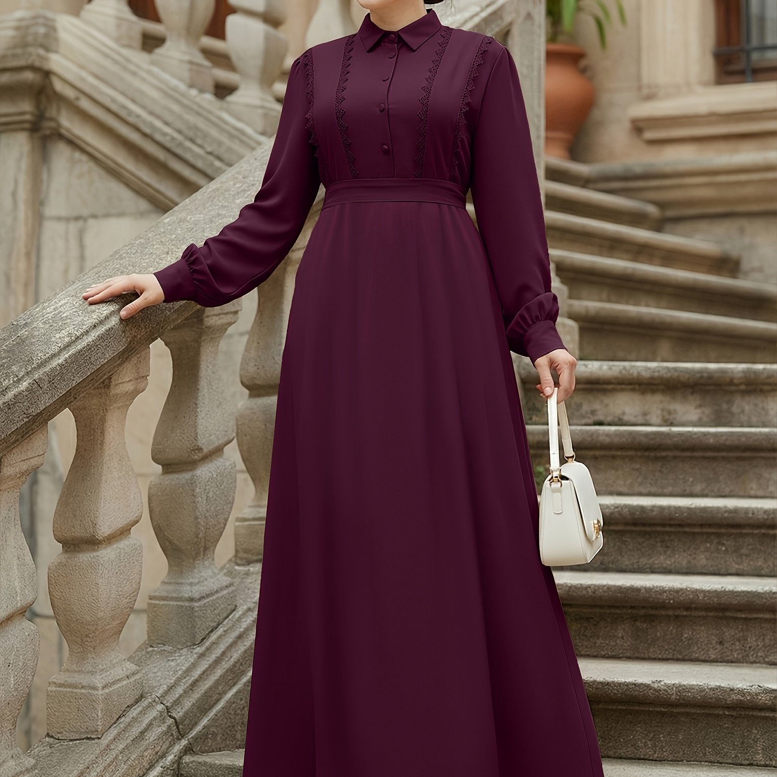 TEMU Middle Eastern Women's Elegant Solid Color Lapel Lace Front Button A-line Abaya Robe