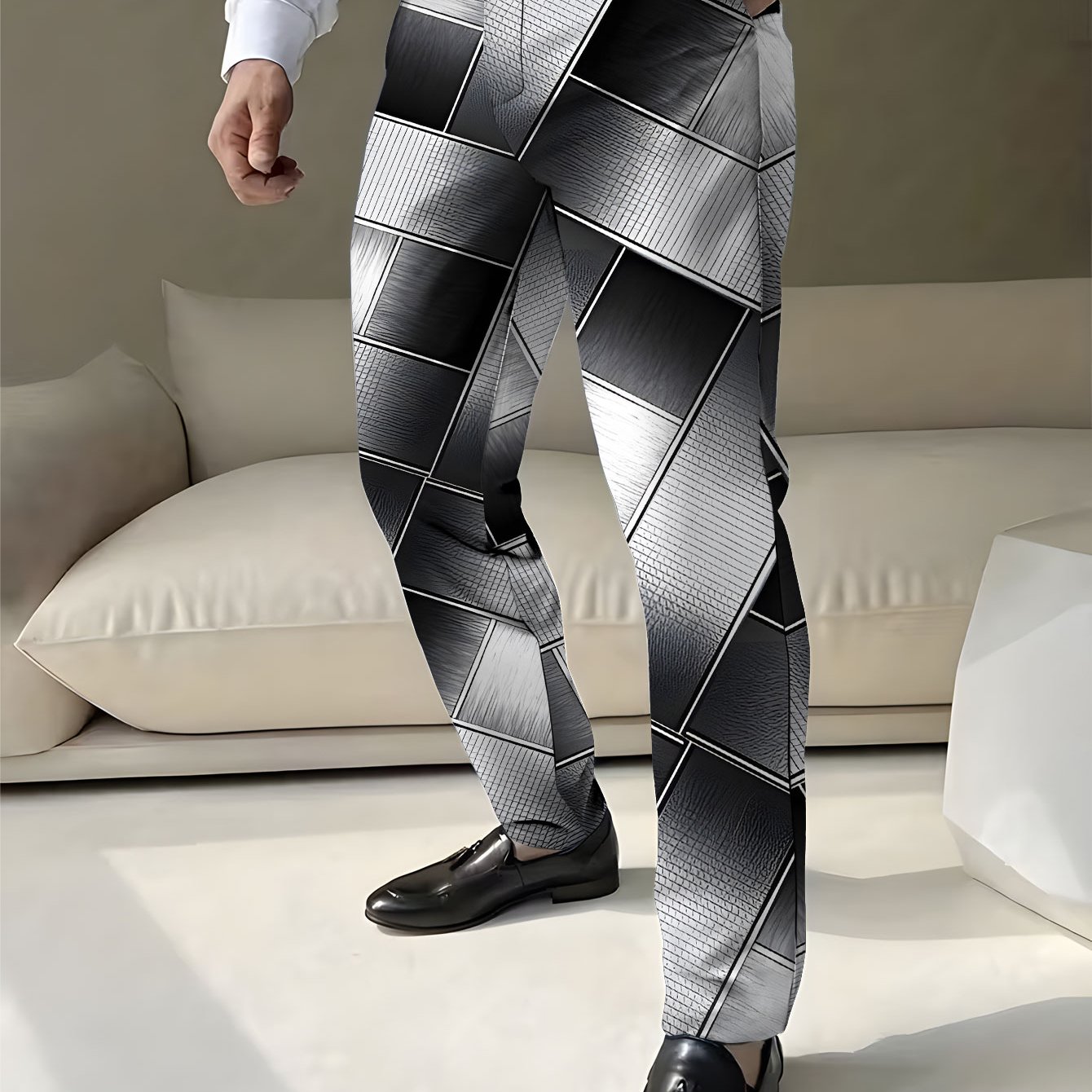 TEMU 's Dress Pants, Versatile Regular Fit Trendy Suit Pants For Men, Silvery- Metallic Style Checkerboard Pattern, Professional Business Commuter