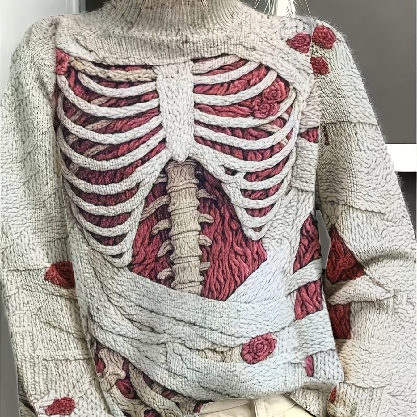 TEMU Women's Dark Gothic Style Skull With Red Rose Print High-neck Long-sleeve Sweater, Niche Fashion , Versatile Women's Clothing For Daily And