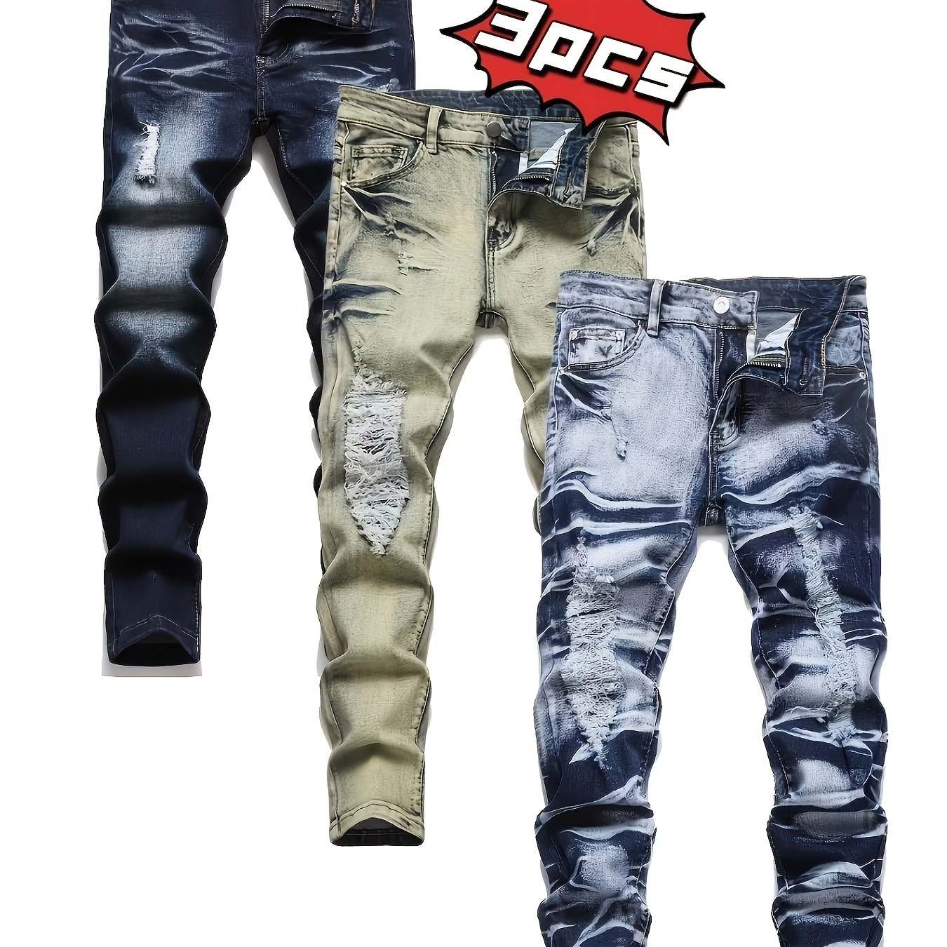 Temu – TEMU 4 Colors : Men’s Ripped Jeans, Vintage Street-style High-street Jeans, Fashionable Spliced Slim-fit Jeans, Men’s Stretch Slim-fit Jeans, Single