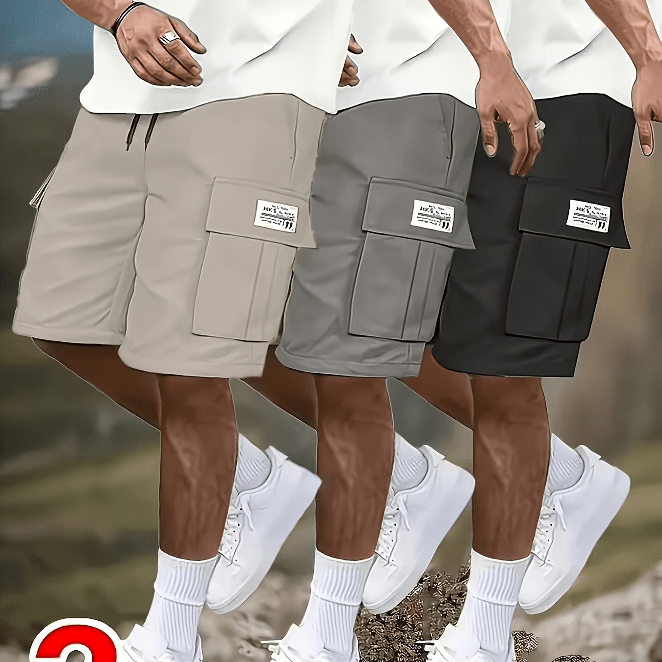 TEMU 3pcs Men's Casual Cargo Shorts - Mid-waist With Elastic Drawstring, Multi-functional , Suitable For Golf And Outdoor Activities. Available In