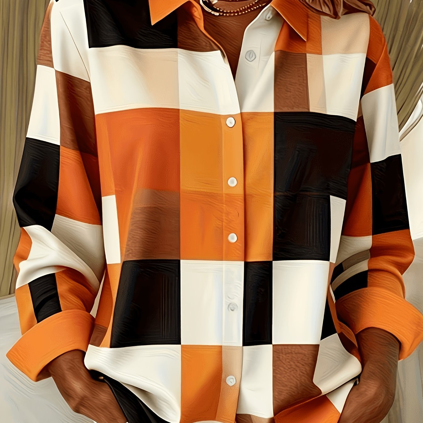 TEMU Plus Size - Fashionable Elegant Plus Size Printed Long Sleeve Lapel Casual Women's Blouse