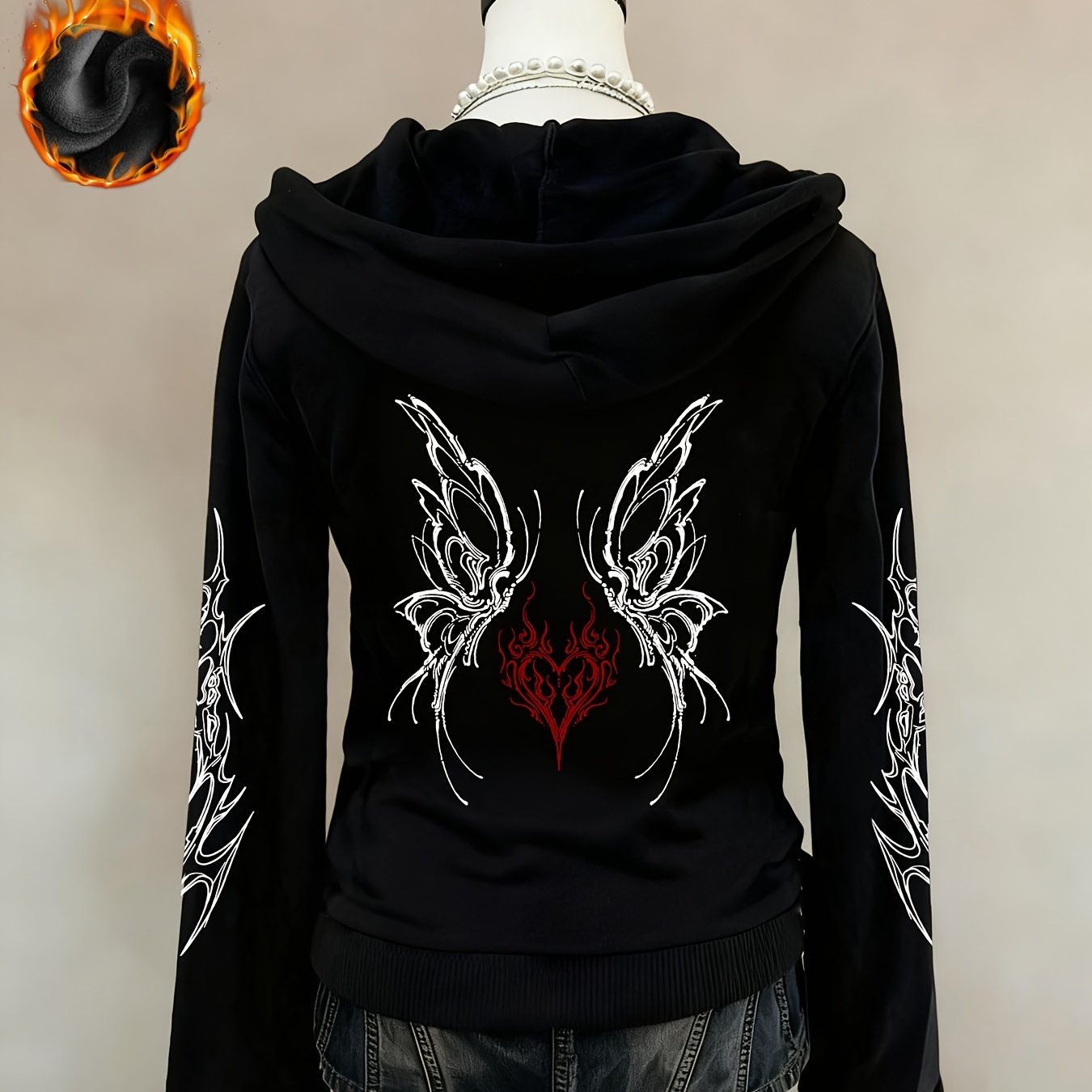 TEMU Winter Y2k Printed Trendy New Thick Heavy Duty Plush Black Hooded Zipper Jacket Black Cardigan Casual Lazy Commuting Style Y2k Gothic Style