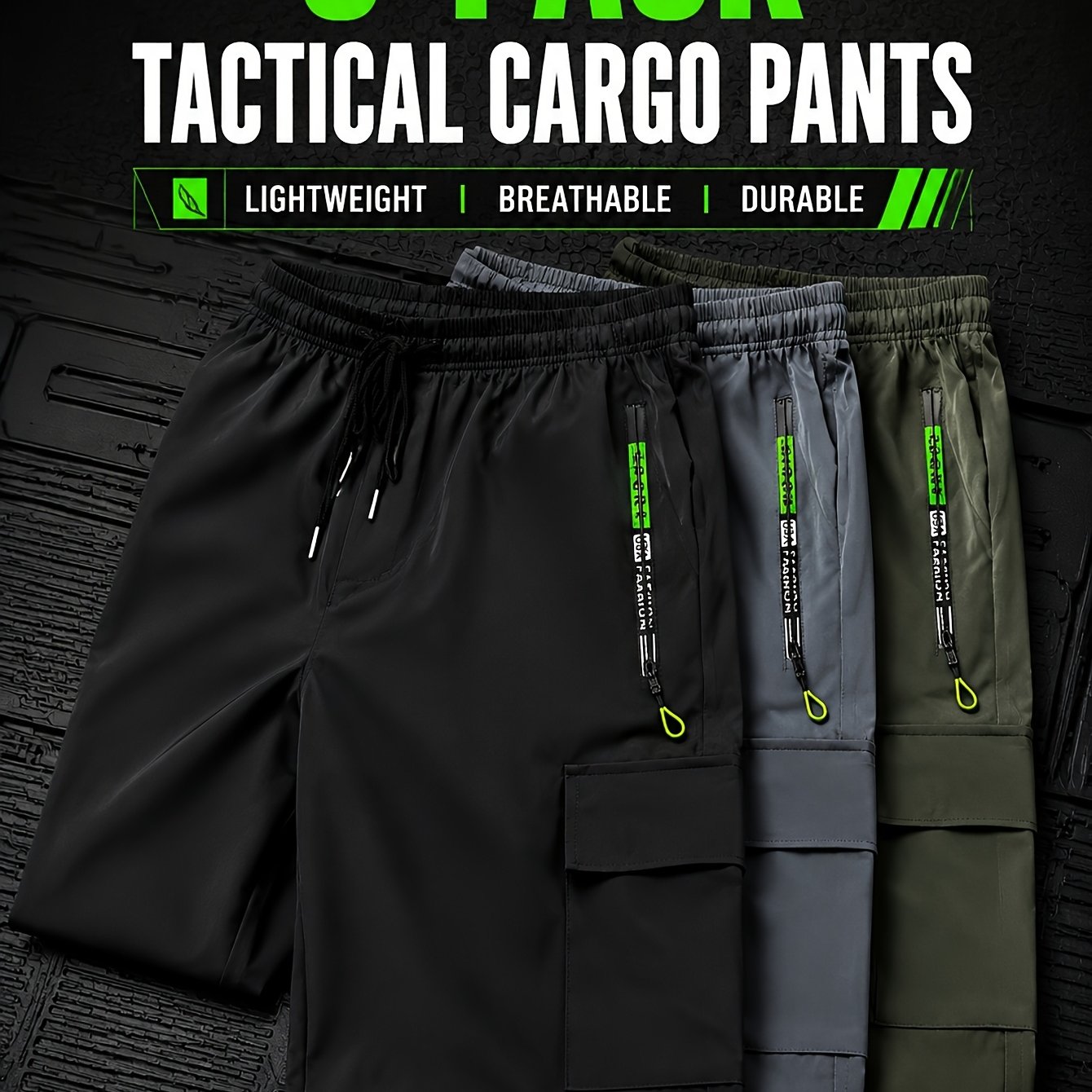 TEMU Men's 3pack Cargo Long Pants, Elastic Drawstring Waist Loose Fit Trousers With Zipper Multi Pockets, Casual Jogger For Daily Outdoor Work,