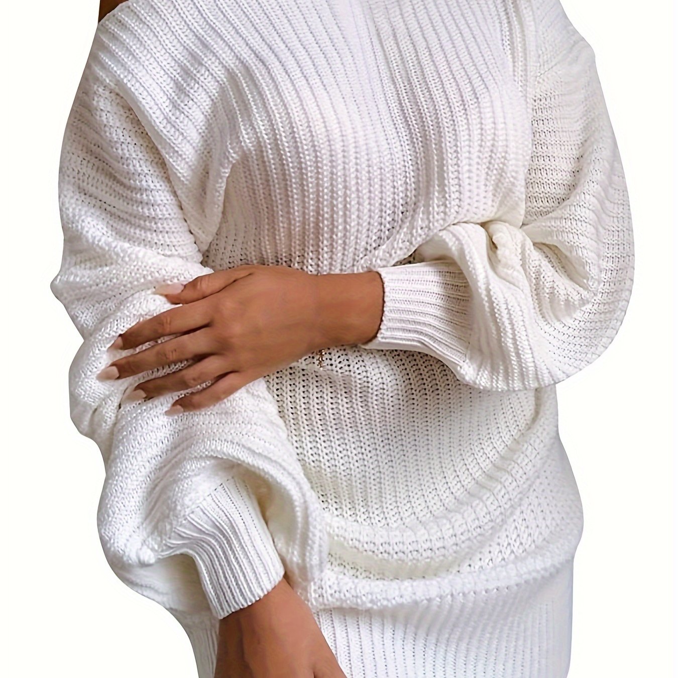 Image of Women's Sweater Dress, Sexy Off-shoulder Long Lantern Sleeve Casual Loose Soft Easy Pullover Dress