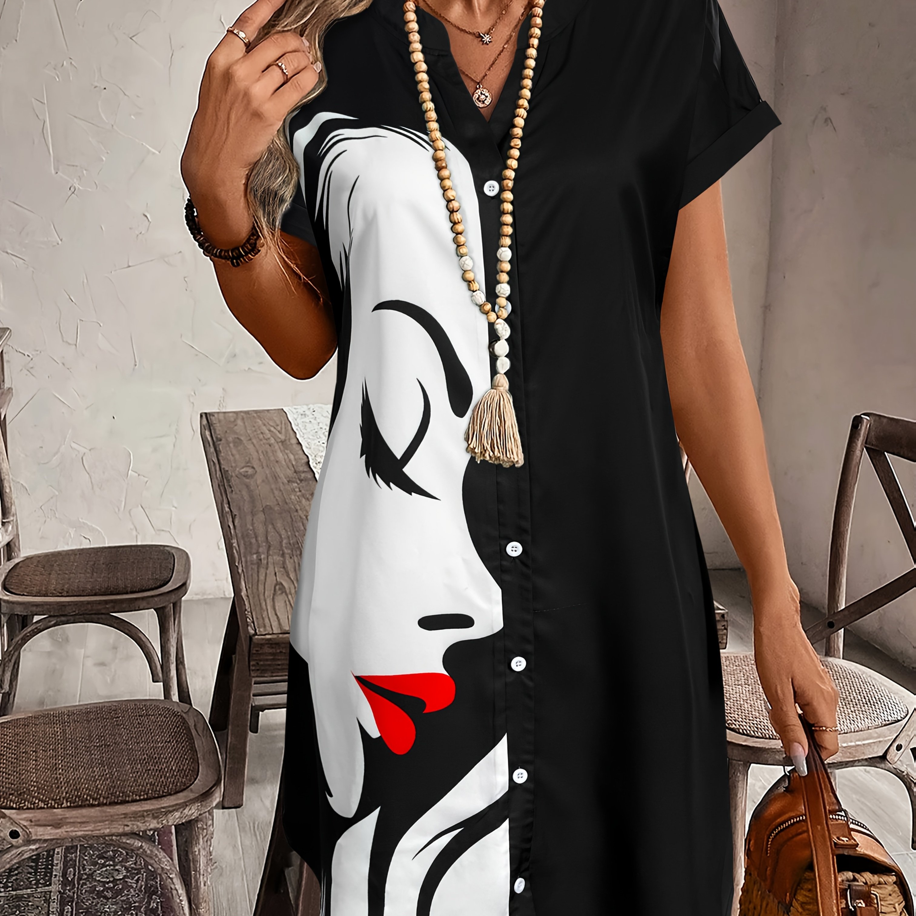 Vacation Spring Summer Print Women's Button-up Dress