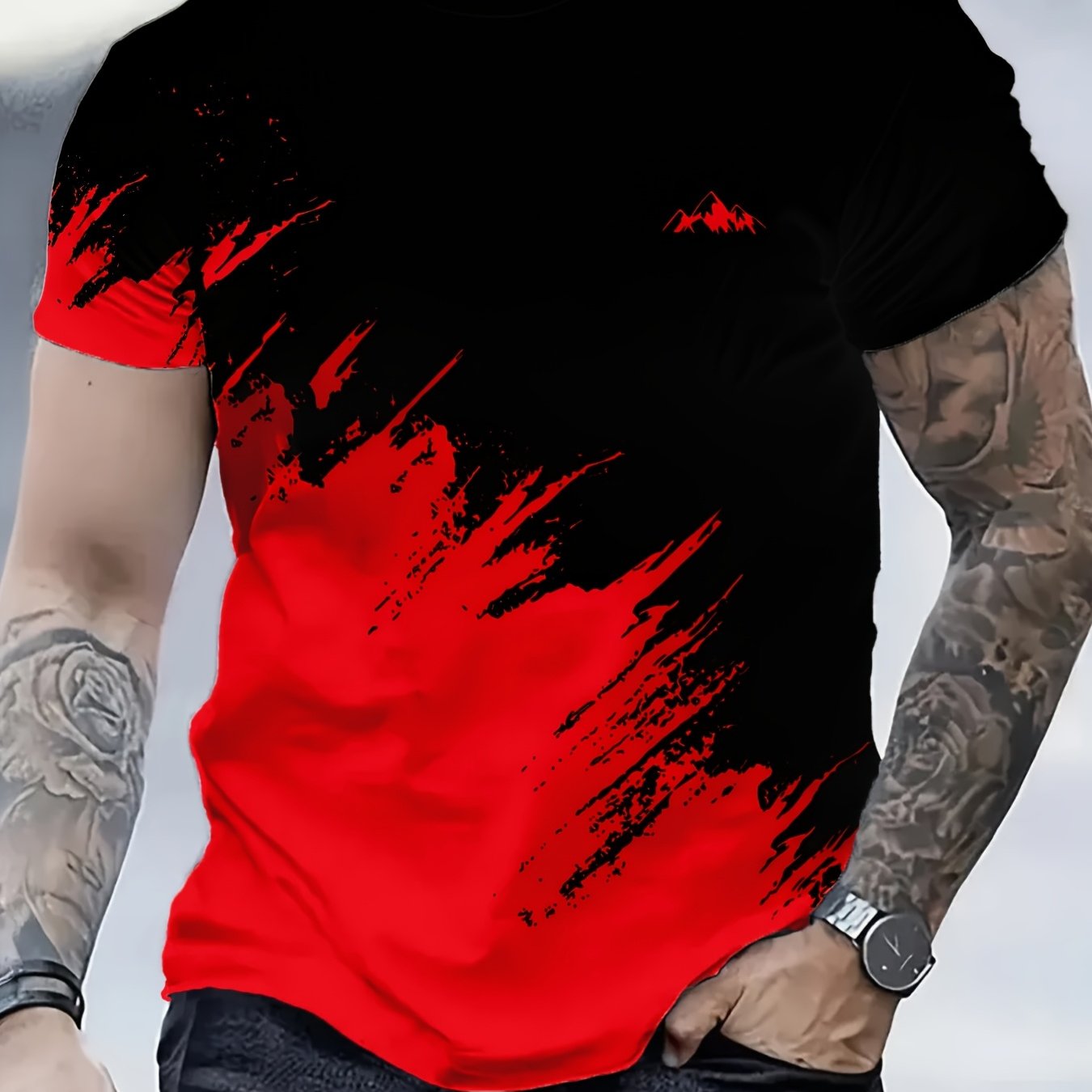 TEMU Men's Casual 3d Digital Printed T-shirt - Black With Red And Gray Design, Breathable Summer Crew Neck Top, Machine Washable Fit, Daily