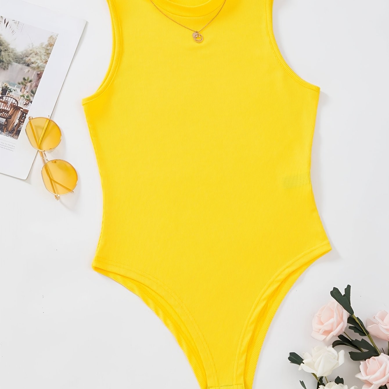 Image of Classic Spring, Summer, And Autumn Women's Wear, Ribbed Round-neck Versatile Sleeveless Bodysuit