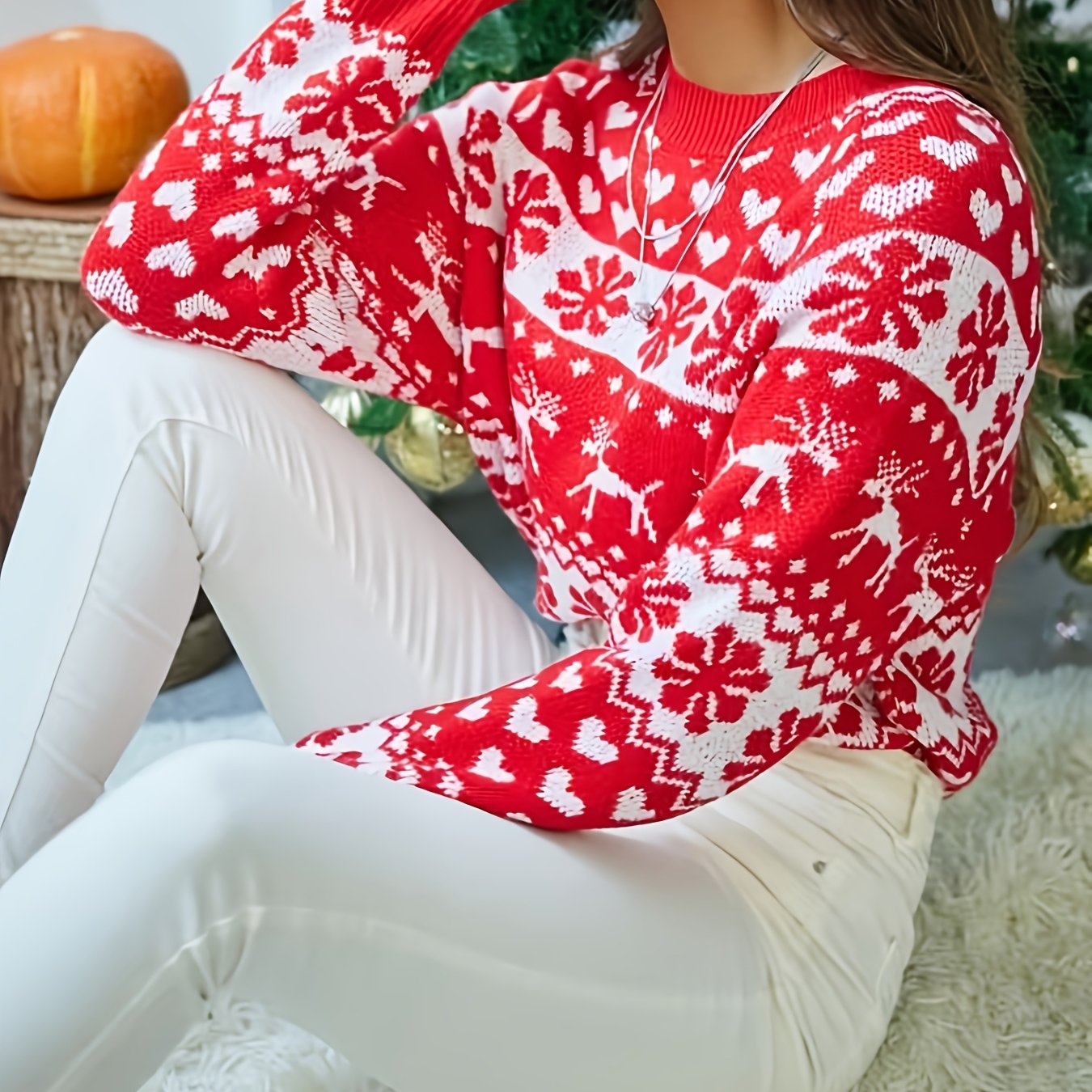 E-shop Jacquard Pullover mit Rundhalsausschnitt langen Ärmeln, lockerer lässiger Stil, verdickte Strickware