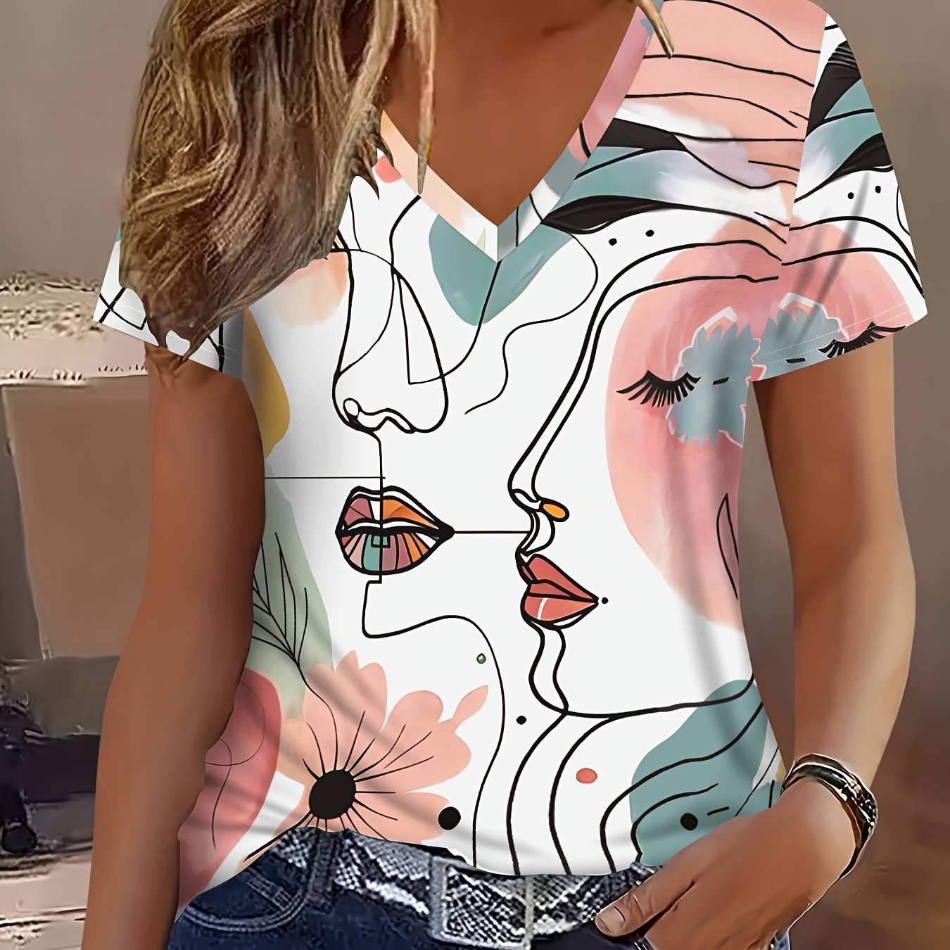 E-shop 2D Druck Lässige Mode Urlaub Abstraktes Gemälde Farbblock Patchwork Linien Porträt Blumenmuster Grafik Allover Druck Atmungsaktives V-Ausschnitt