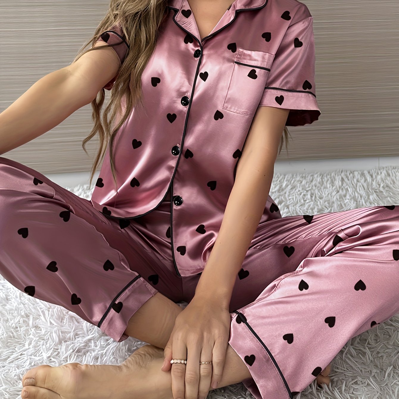 Image of Women's Casual Heart Print Satin Pajama Set, Short Sleeve Buttons Lapel Top & Pants, Comfortable Relaxed Fit
