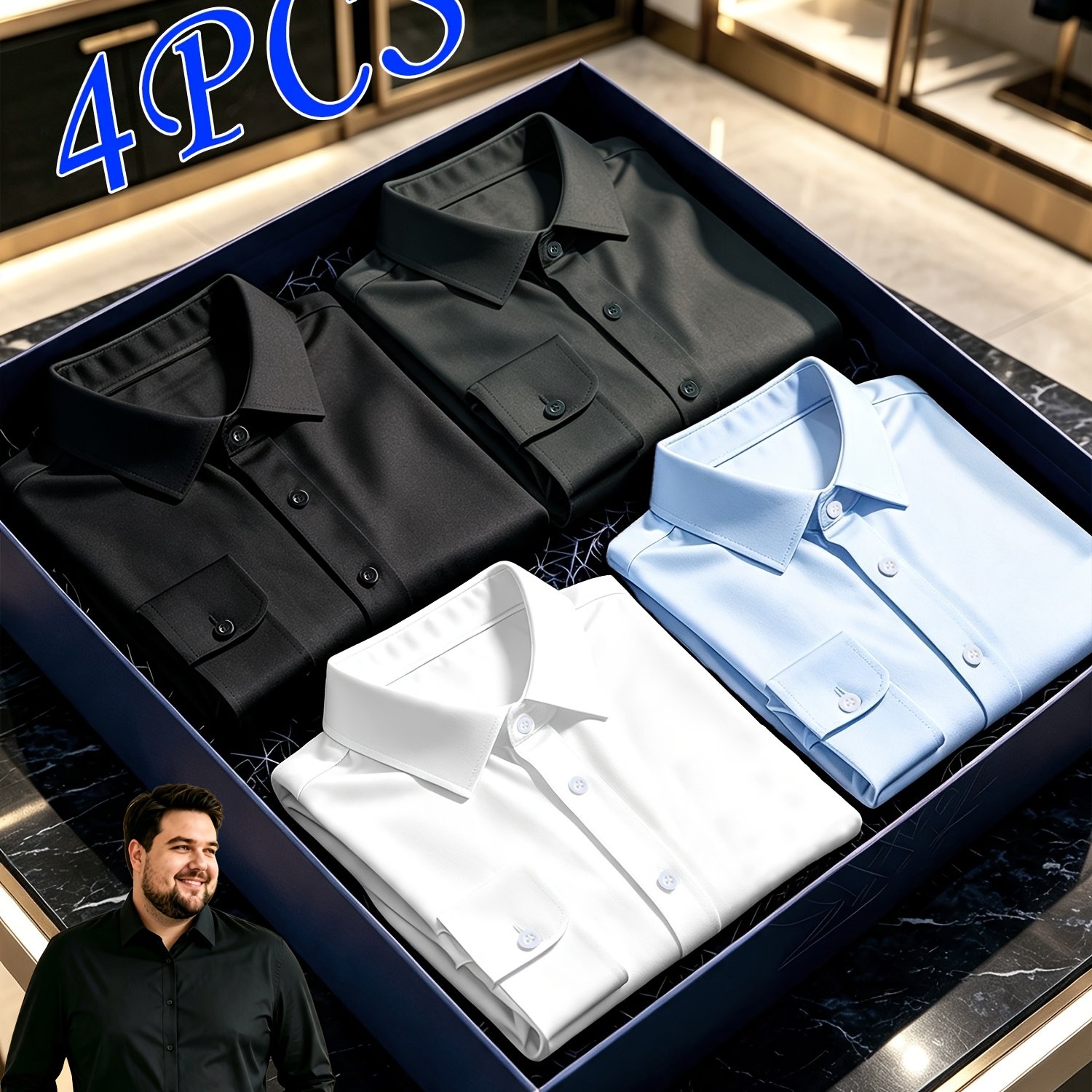 TEMU 4pcs Men's Plus Size Long Sleeve Business Casual Shirt Set, Sizes 1xl-6xl, Classic Lapel Dress Shirts, , Loose Fit Non-tight, Comfortable And