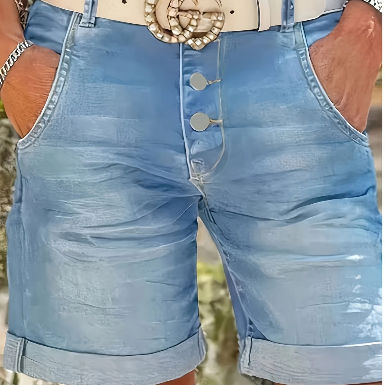 Image of Ladies' Elastic Flip Over 5 Quarter Cycling Pants, Casual And Fashionable, Comfortable And Versatile. Denim Shorts