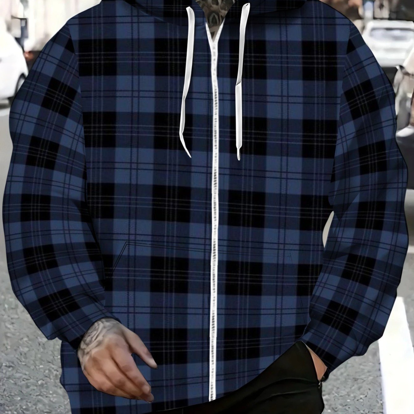 TEMU Men's Navy Blue And Black Plaid Zip-up Hoodie, Lightweight And Durable, Suitable For Casual Wear, Outdoor Activities, And Everyday Use, With