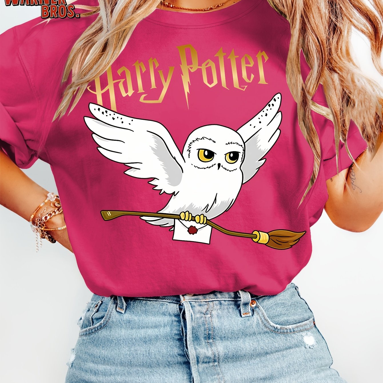 TEMU Wb Women's Harry Potter Hedwig Owl T-shirt - Vintage Warner . & Hedwig Print Round Neck Short Sleeve Top, Plus Size 1xl-5xl Suitable For Casual