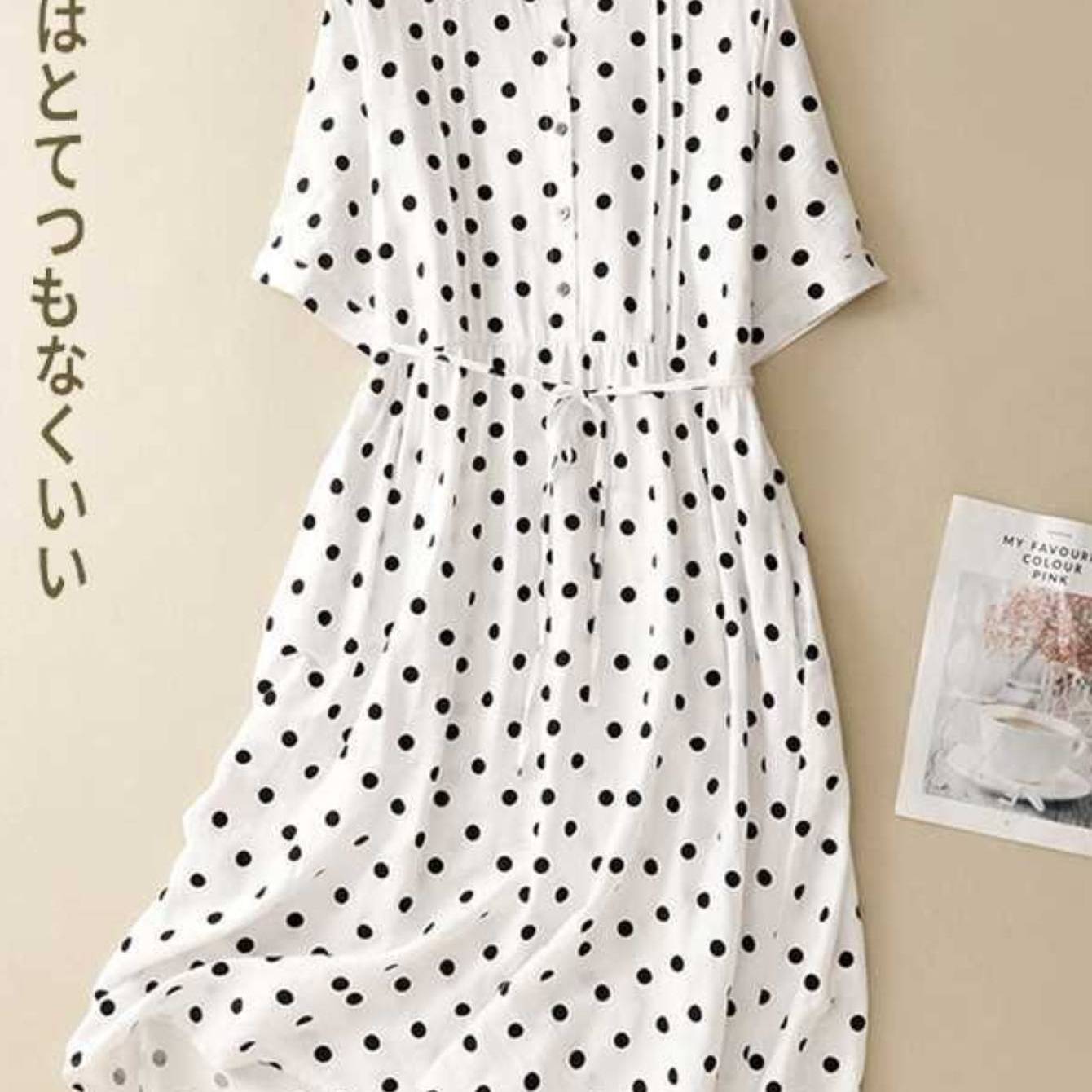 TEMU 【新作】レトロな水玉柄シャツワンピース（レディース）。春夏にの、上品なデザインとカジュアルなロングスカートが特徴。