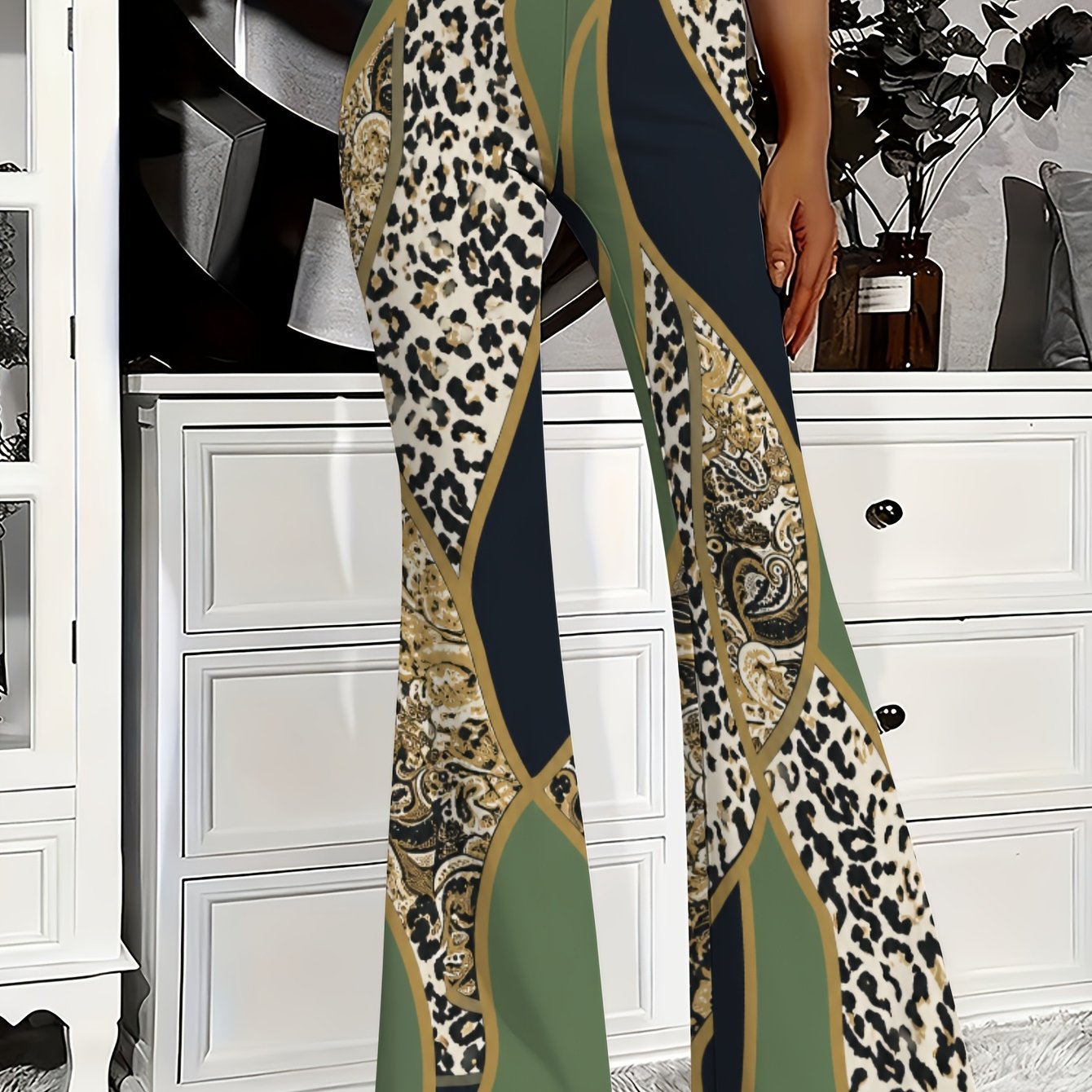 TEMU Women's Printed Flared Trousers, High-waisted Wide-leg Stretch Casual Pants, Made Of Lightweight Stretch Fabric, Suitable For Casual Wear, Work,
