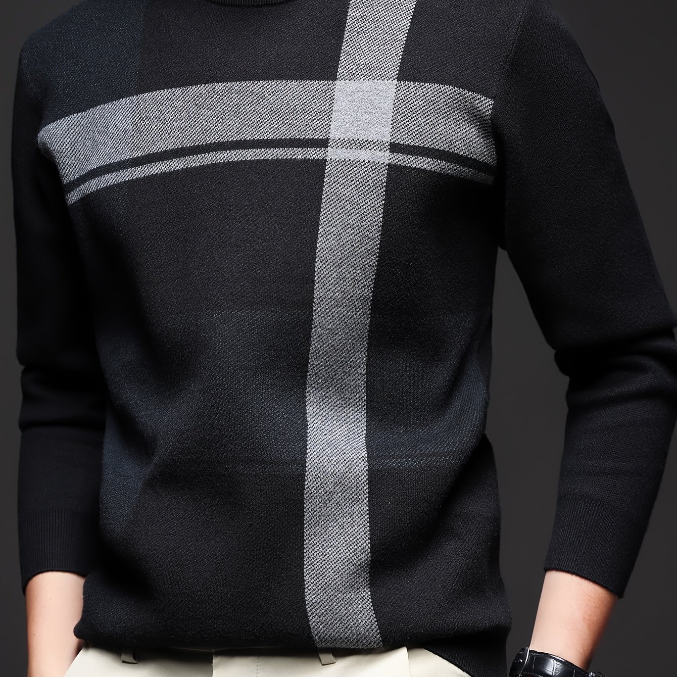TEMU Pull pour homme d'automne et d'hiver, rayé, simple, décontracté, à col rond, haut en pull noir tricoté, automne et hiver, rayé, coupe régulière,
