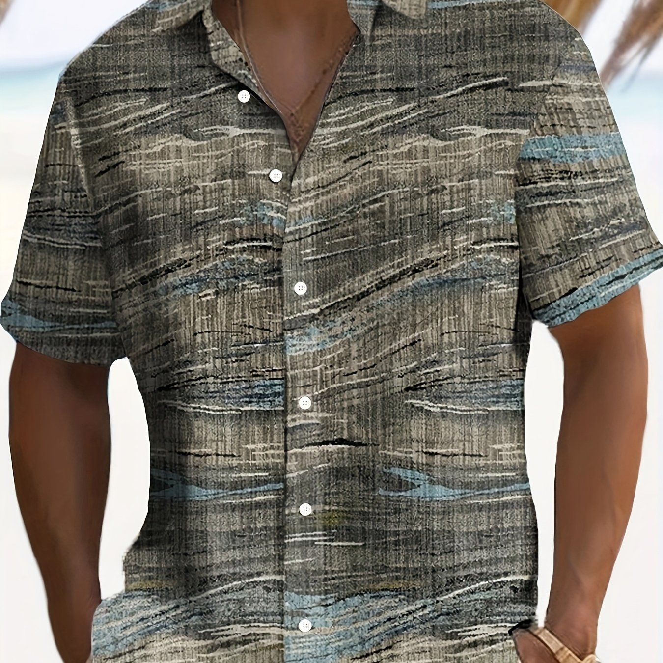 TEMU Men's Vintage Abstract Pattern Shirt - Brown/blue/gray/beige//turquoise - Lightweight Summer Formal - Modern Vintage Aesthetic, Geometric Print,