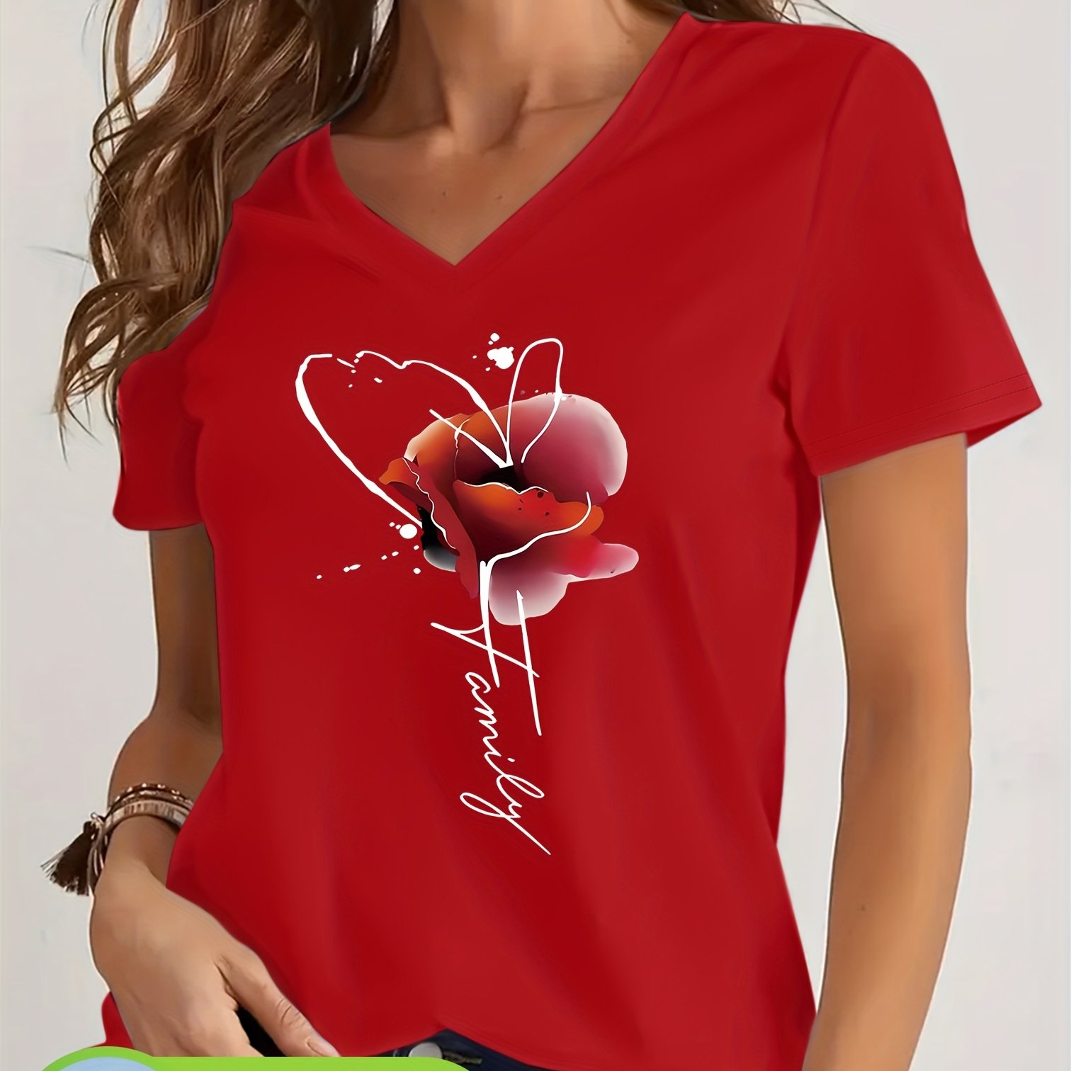 Image of Spring Summer 100% Women's V-neck Short Sleeve, Red Watercolor Petal Pattern Print, Casual Fashion Wear