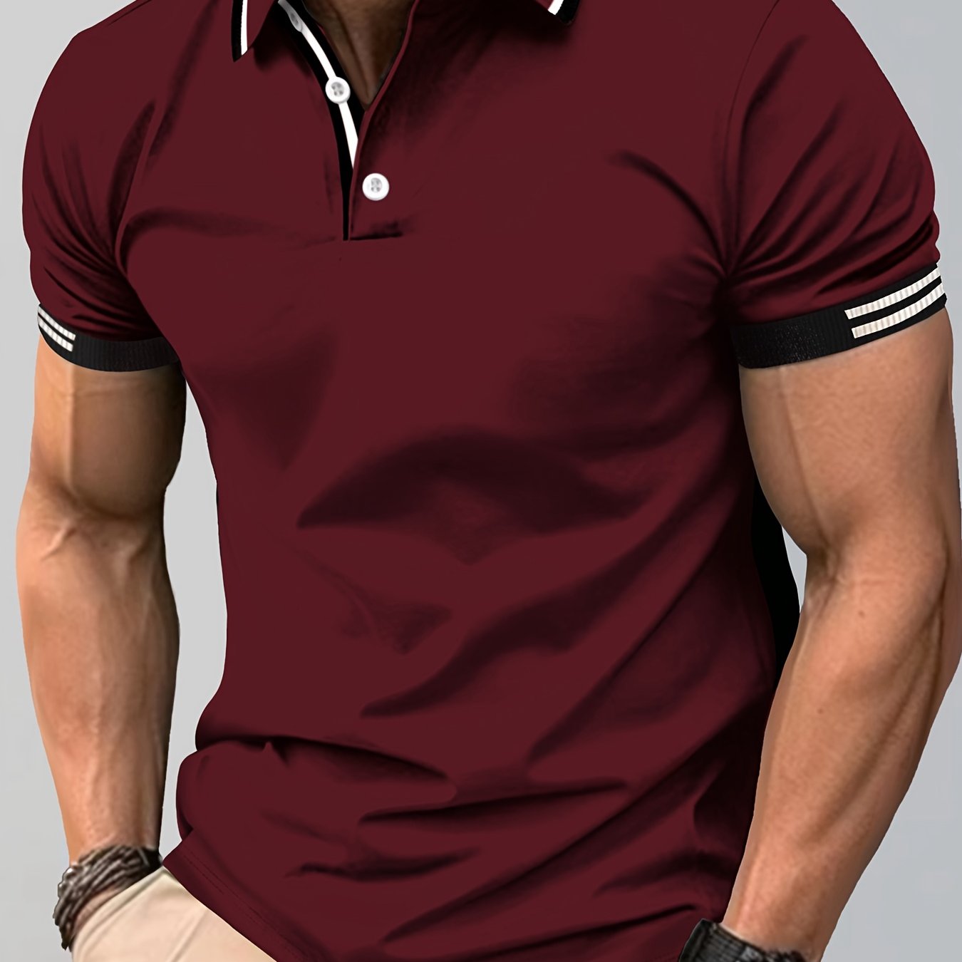 TEMU Polo para hombre, 100 % fibra de poliéster, diseño de botones, lleno de detalles de bloques de color, transpirable y no sofocante, resistente a