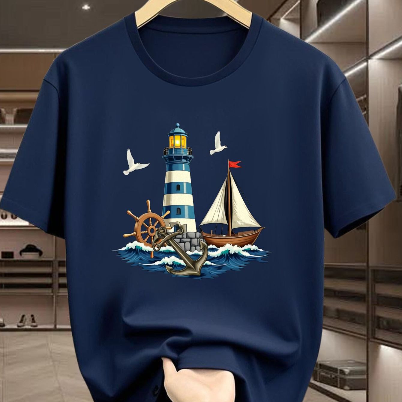 TEMU Men's T-shirt With Nautical Lighthouse, Anchor, And Wave Pattern, Featuring A Unique Printed Design, Round Neck, And Short Sleeves